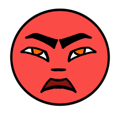 a round red face with a frown, orange eyes, and open dark red mouth.
